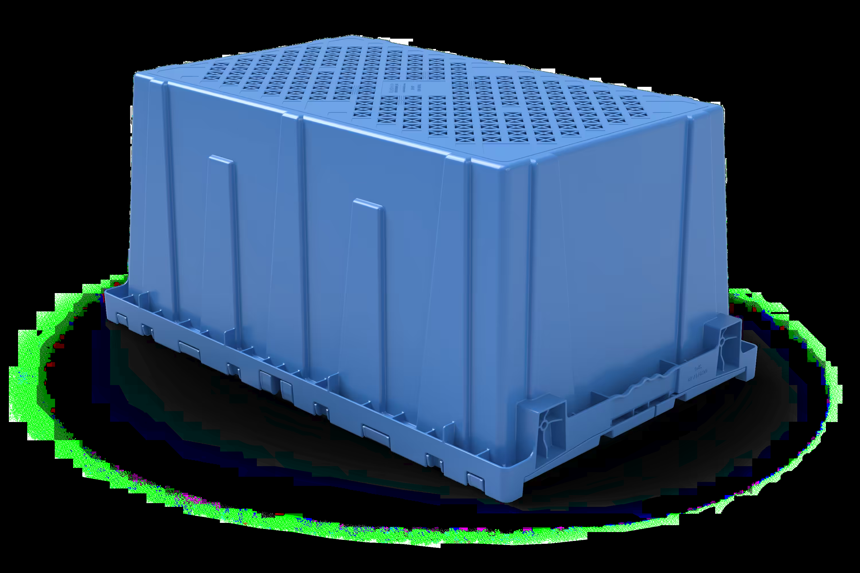 Monoflo tote with drain-hole bottom showing nesting and stacking capability